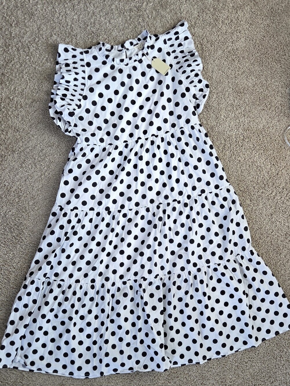 JODIFL White Dress with Black Polka Dots - Tiered Ruffle Sleeves